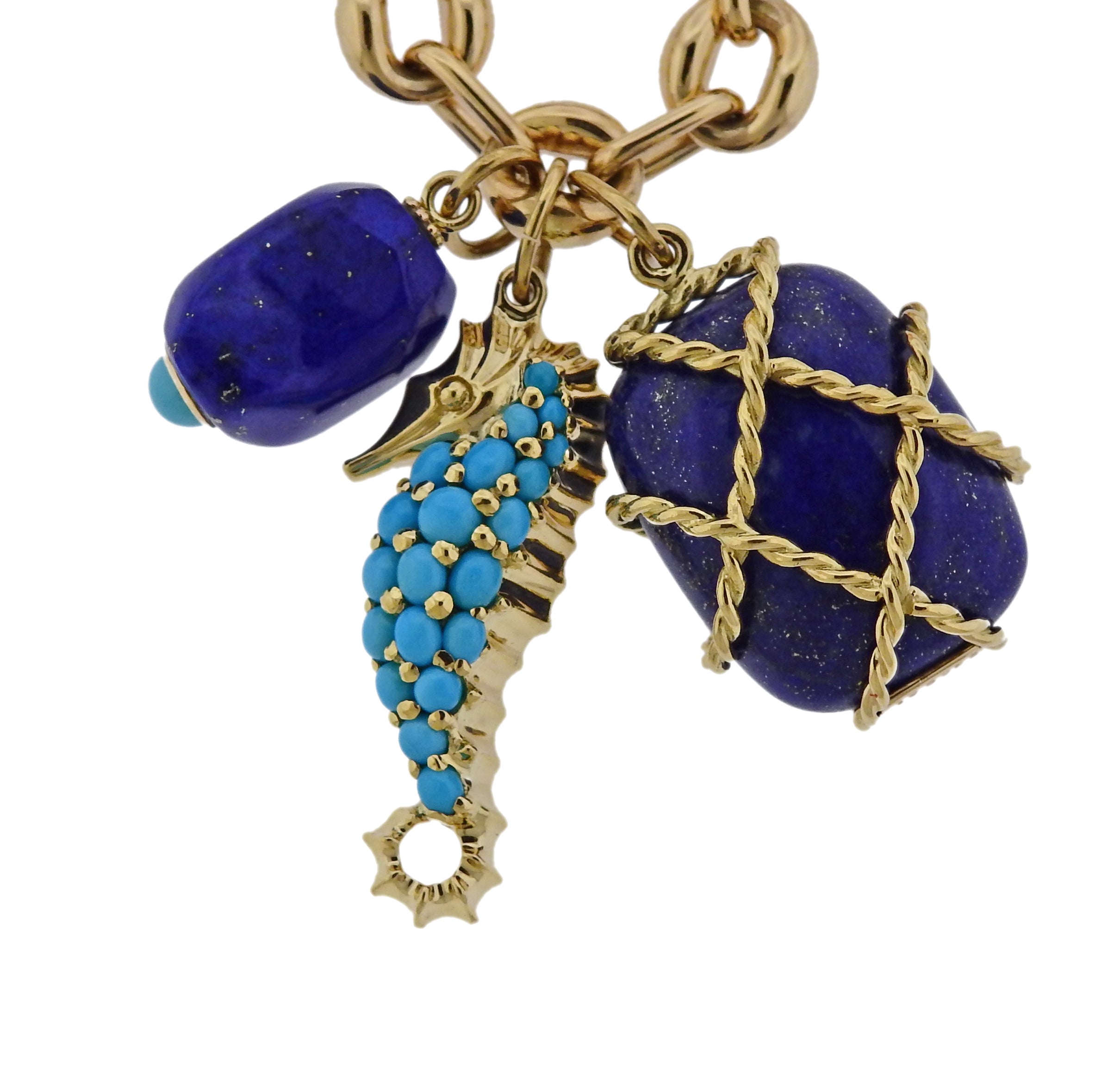 Seaman Schepps Turquoise Seahorse Caged Lapis Pendant Gold Link Necklace - Replica Luxury Handbag Store
