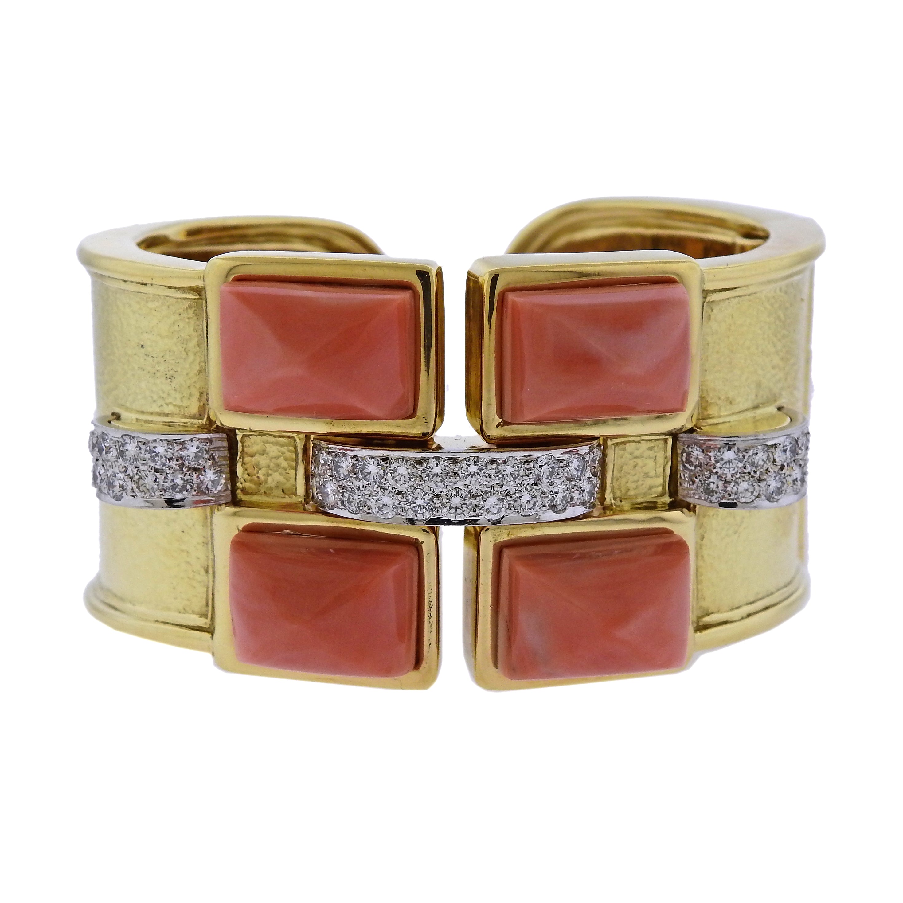 David Webb Bastille Diamond Gold Platinum Coral Cuff Bracelet - Replica Luxury Handbag Store
