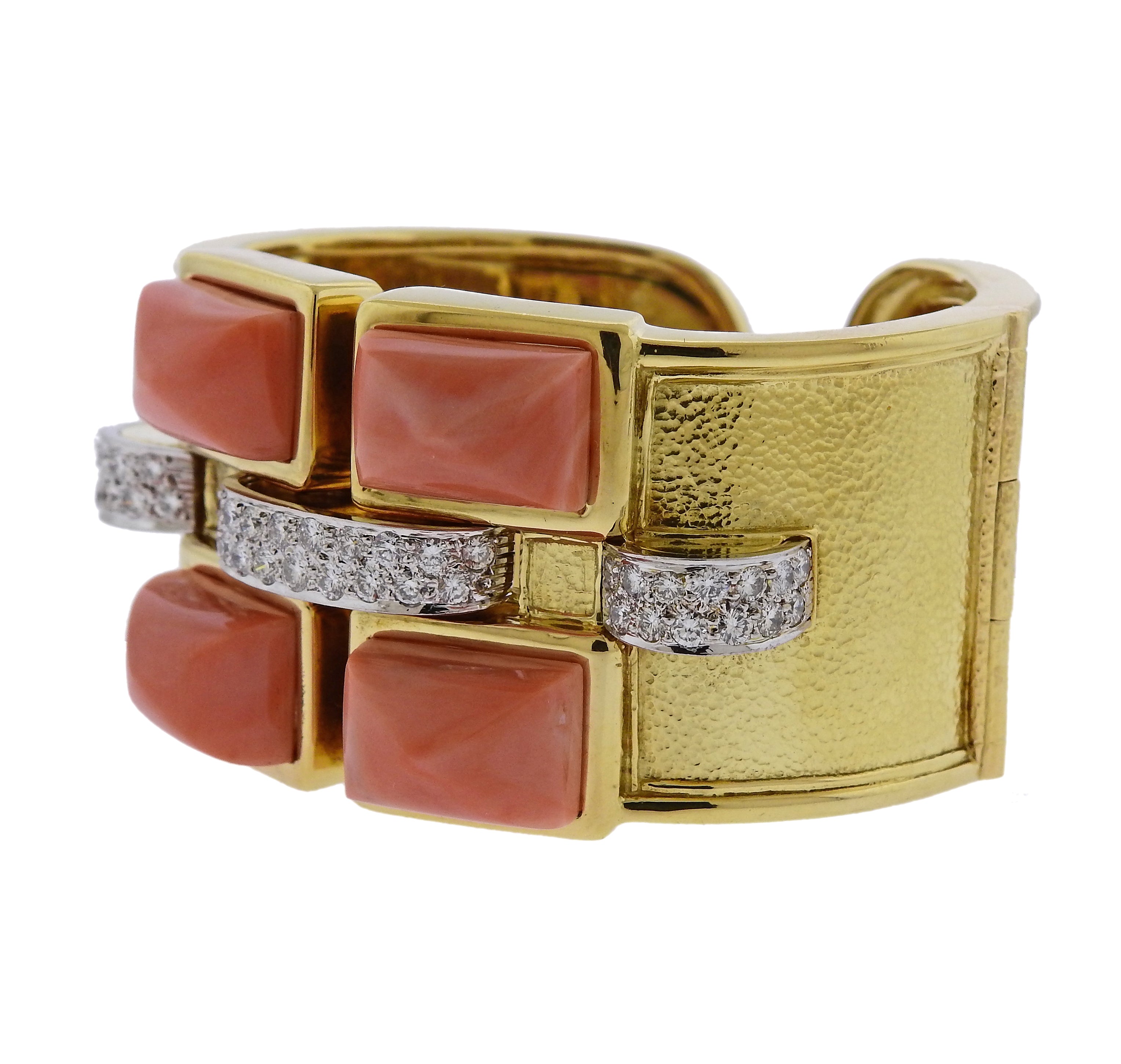 David Webb Bastille Diamond Gold Platinum Coral Cuff Bracelet - Replica Luxury Handbag Store
