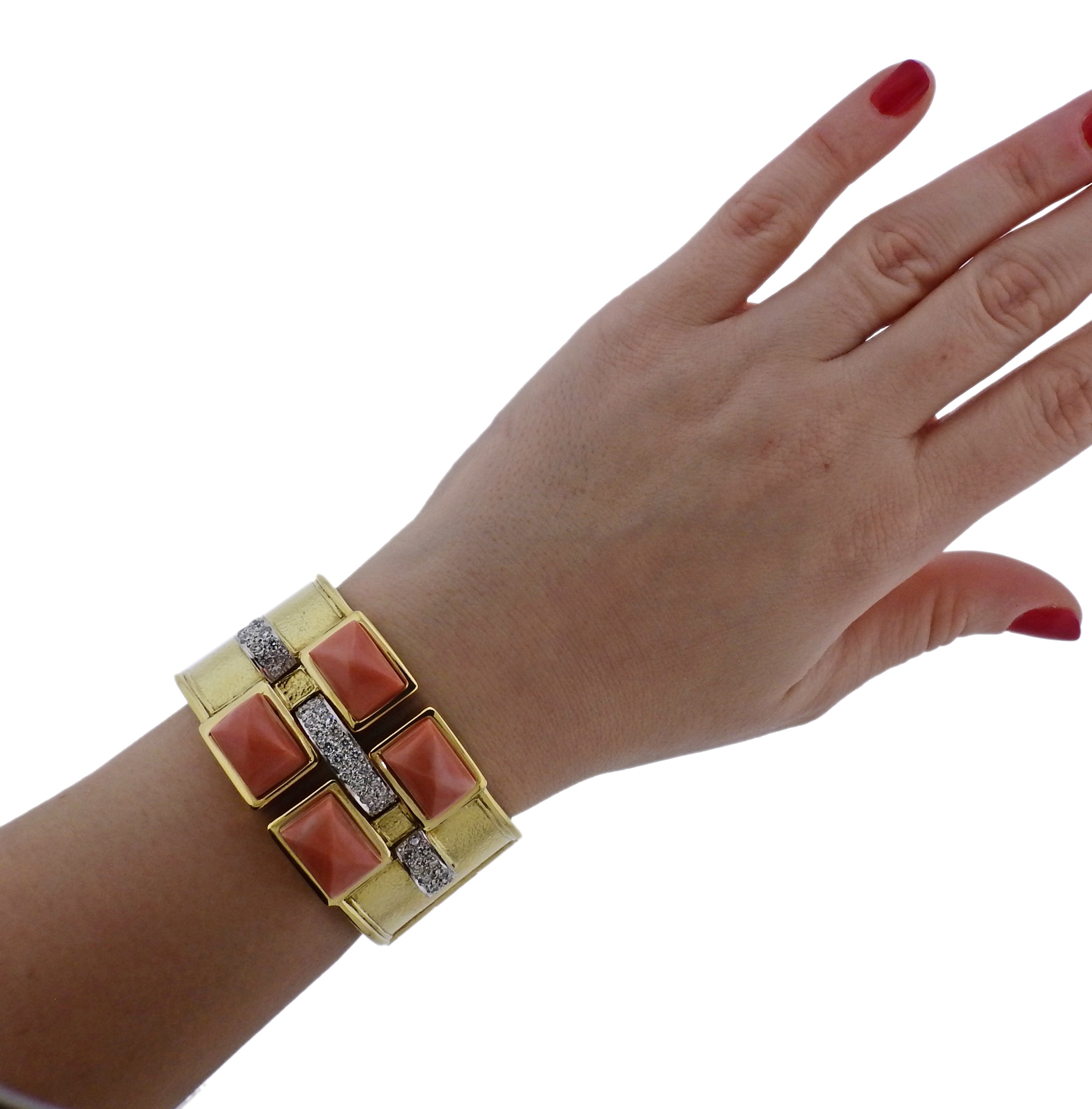 David Webb Bastille Diamond Gold Platinum Coral Cuff Bracelet - Replica Luxury Handbag Store