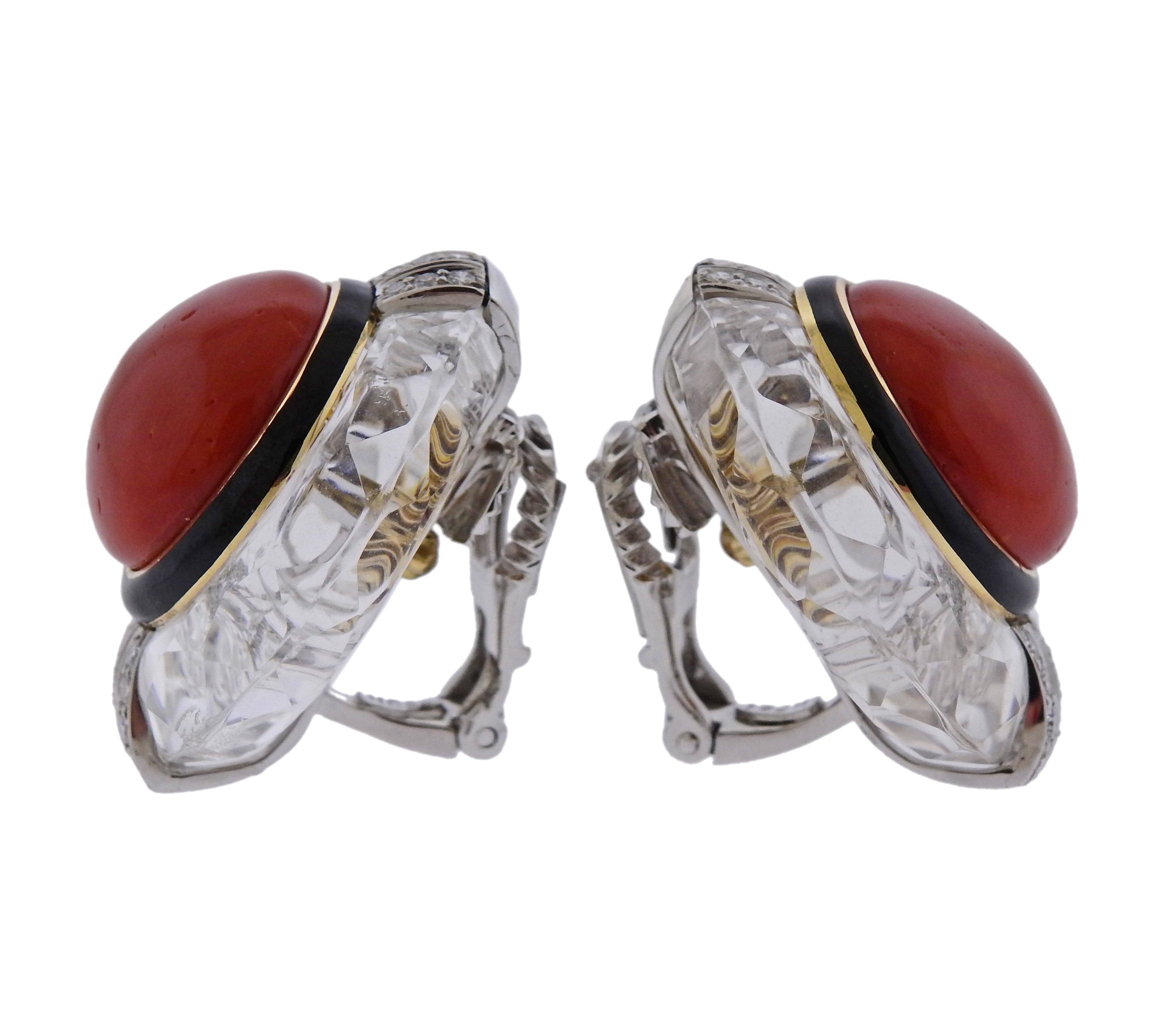 David Webb Crystal Coral Diamond Gold Platinum Earrings - Replica Luxury Handbag Store
