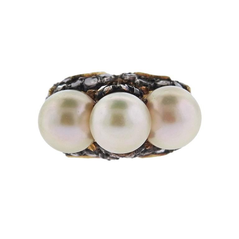 Buccellati Gold Silver Rose Cut Diamond Pearl Ring - Replica Luxury Handbag Store
