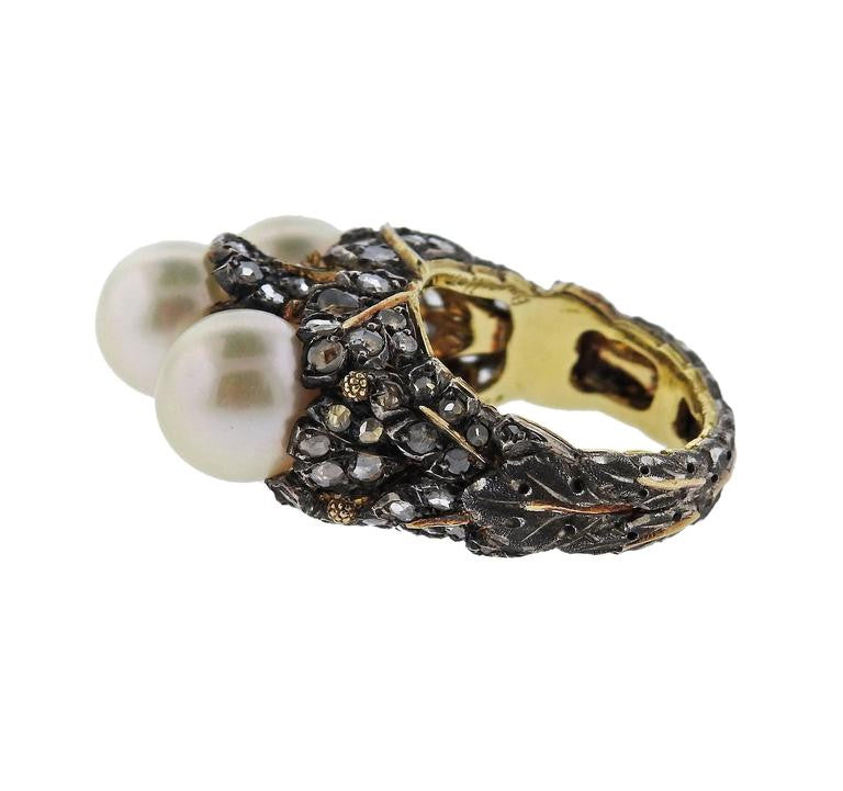 Buccellati Gold Silver Rose Cut Diamond Pearl Ring - Replica Luxury Handbag Store
