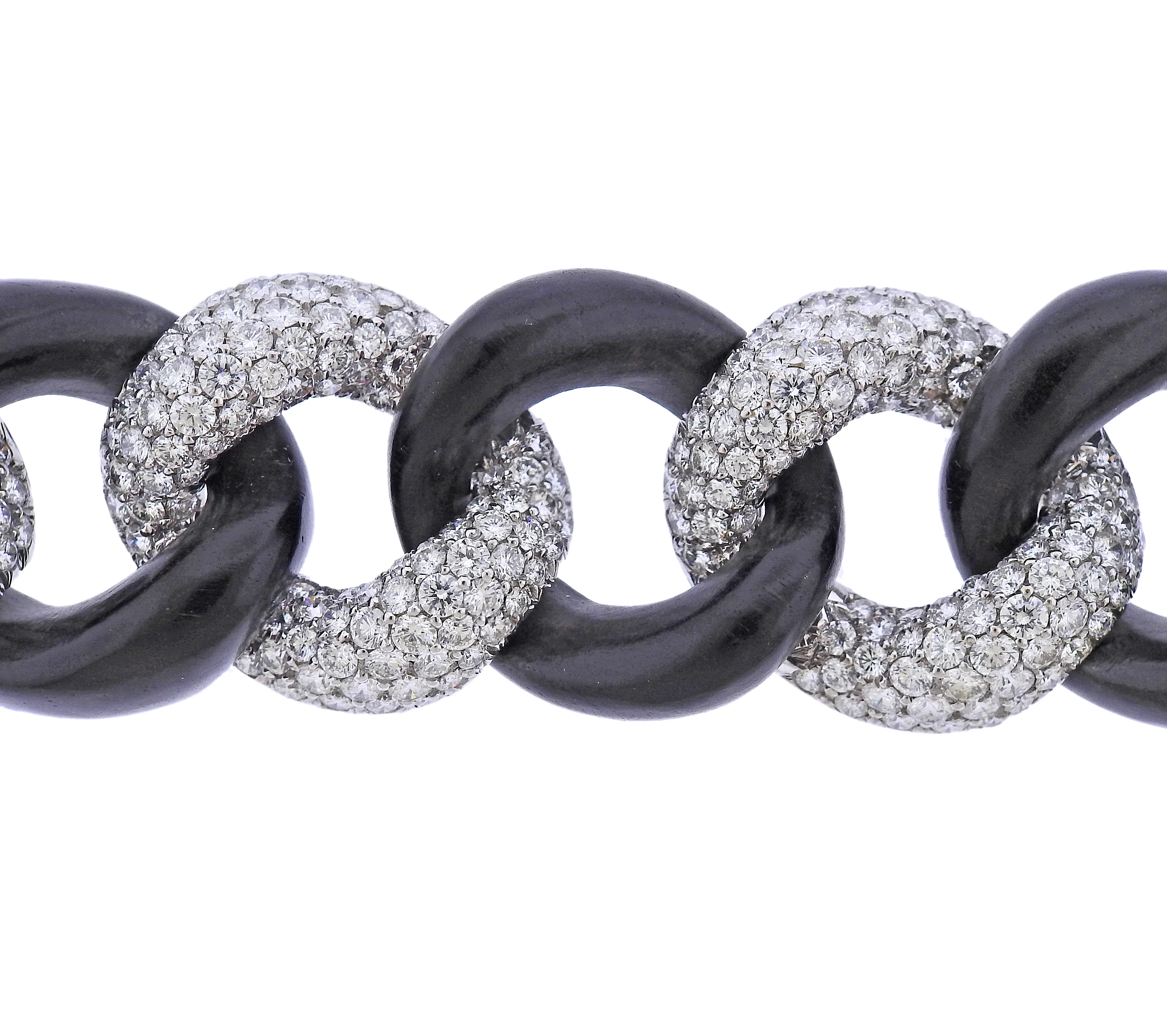 Seaman Schepps Diamond Ebony Wood Link Gold Bracelet