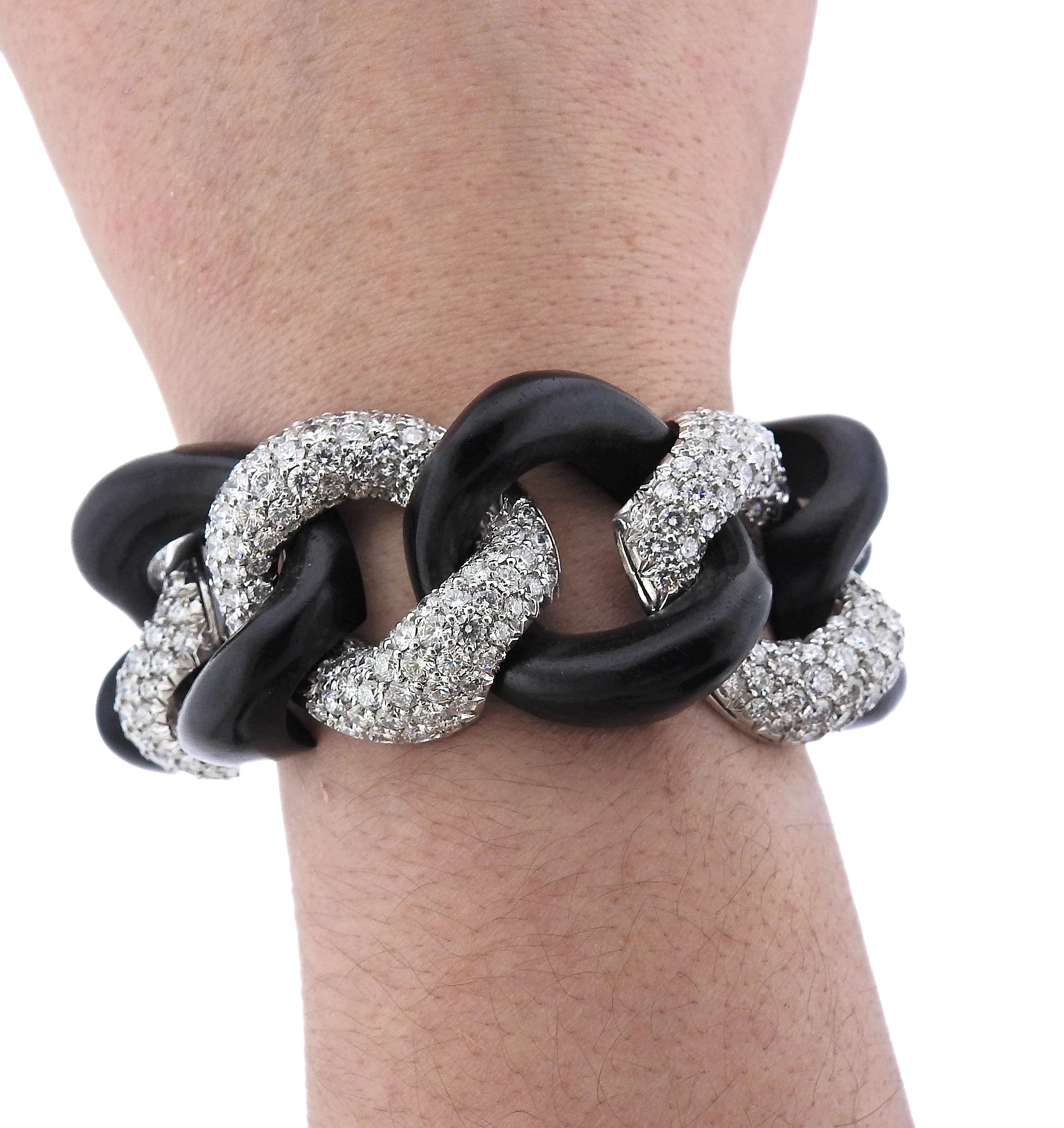 Seaman Schepps Diamond Ebony Wood Link Gold Bracelet