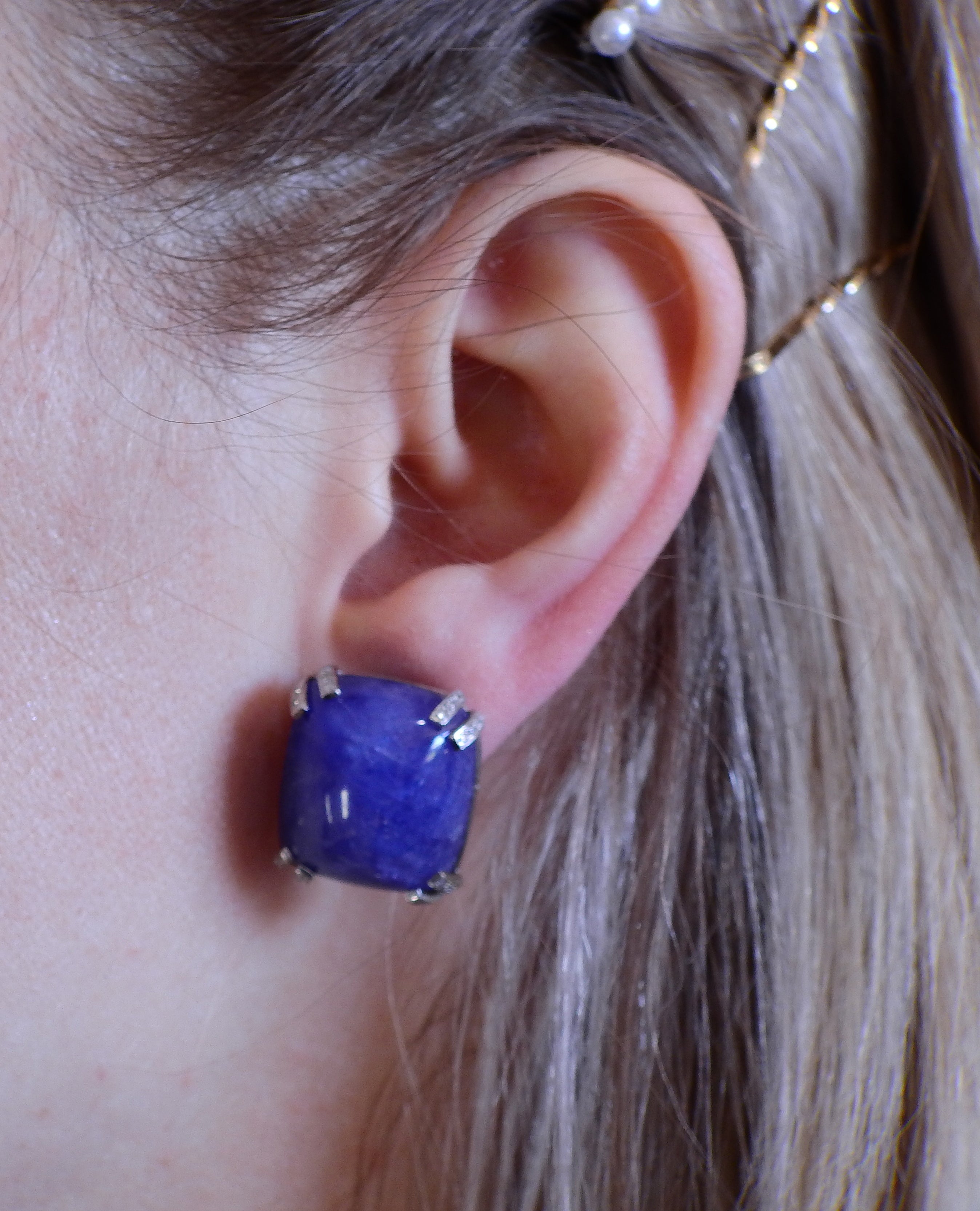 Seaman Schepps 40 Carat Tanzanite Cabochon Diamond Gold Earrings - Replica Luxury Handbag Store