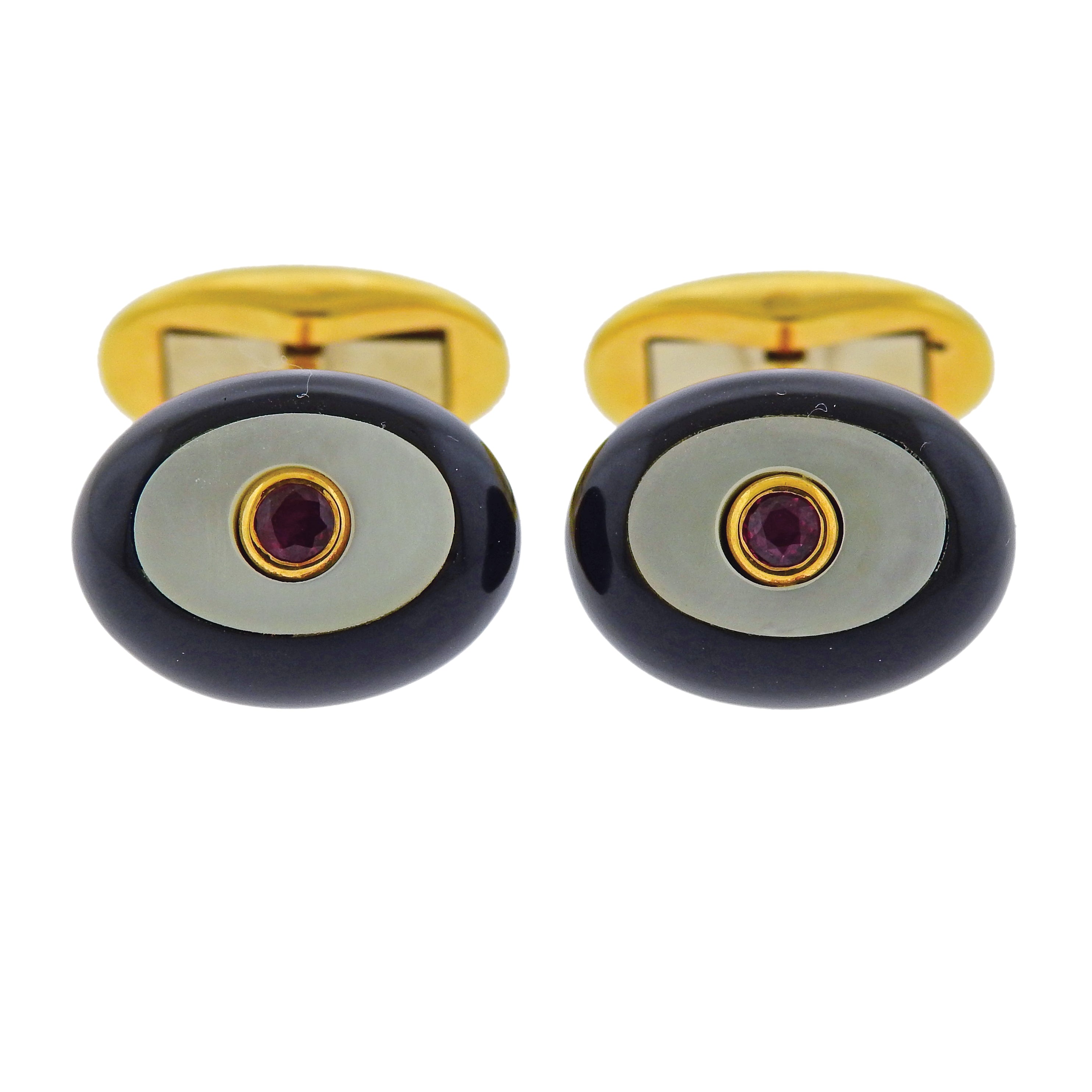 Piaget Ruby Mother of Pearl Onyx Gold Cufflinks - Replica Luxury Handbag Store