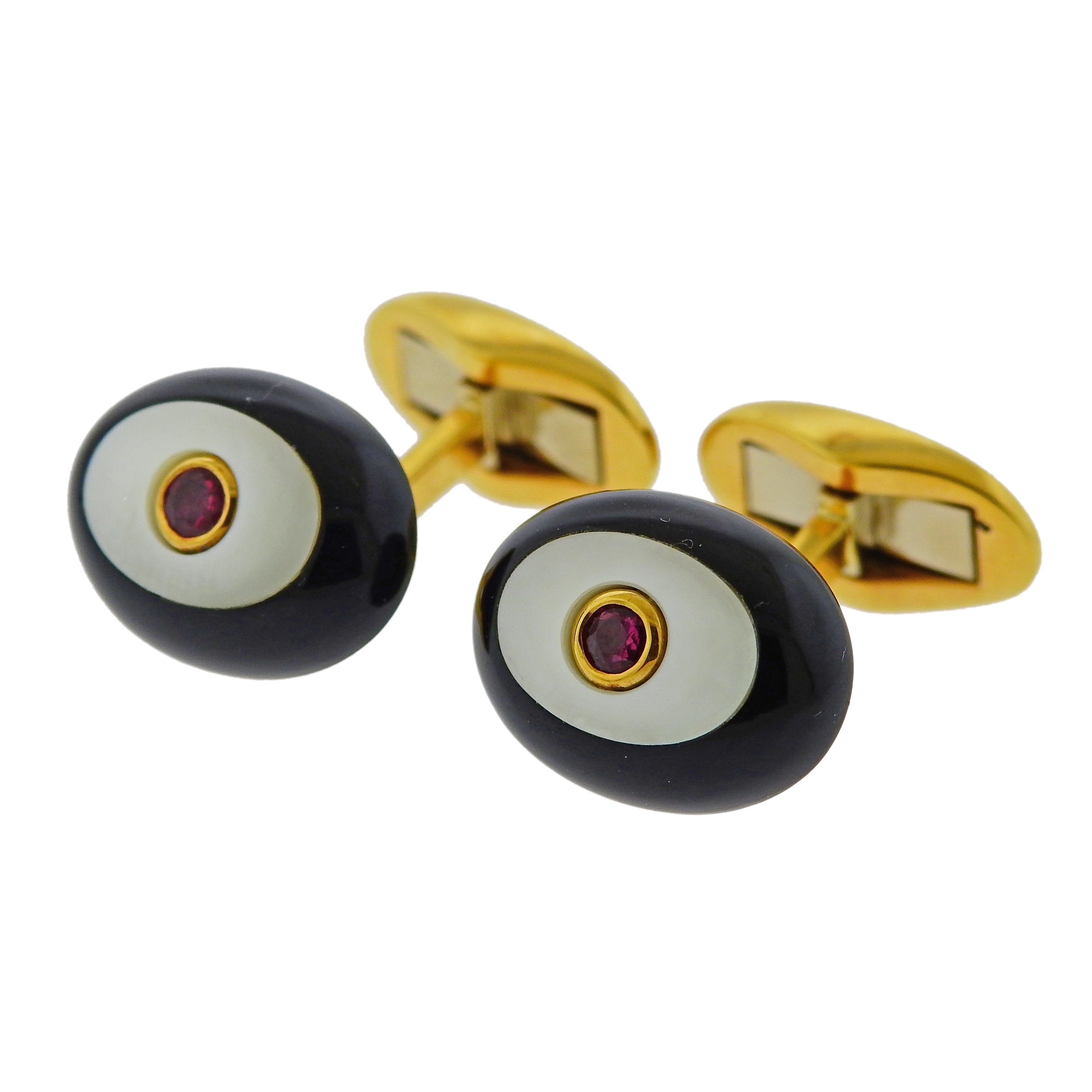 Piaget Ruby Mother of Pearl Onyx Gold Cufflinks - Replica Luxury Handbag Store