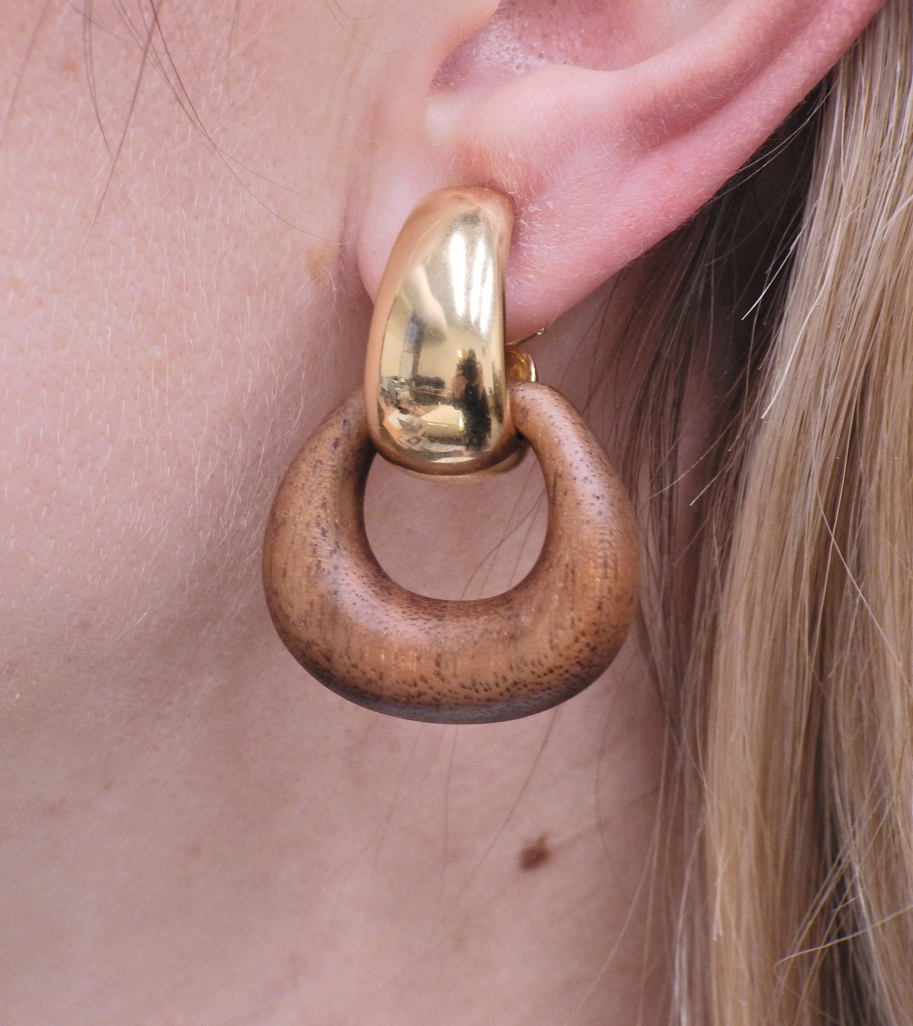 Seaman Schepps Madison Reversible Wood Gold Buckle Earrings