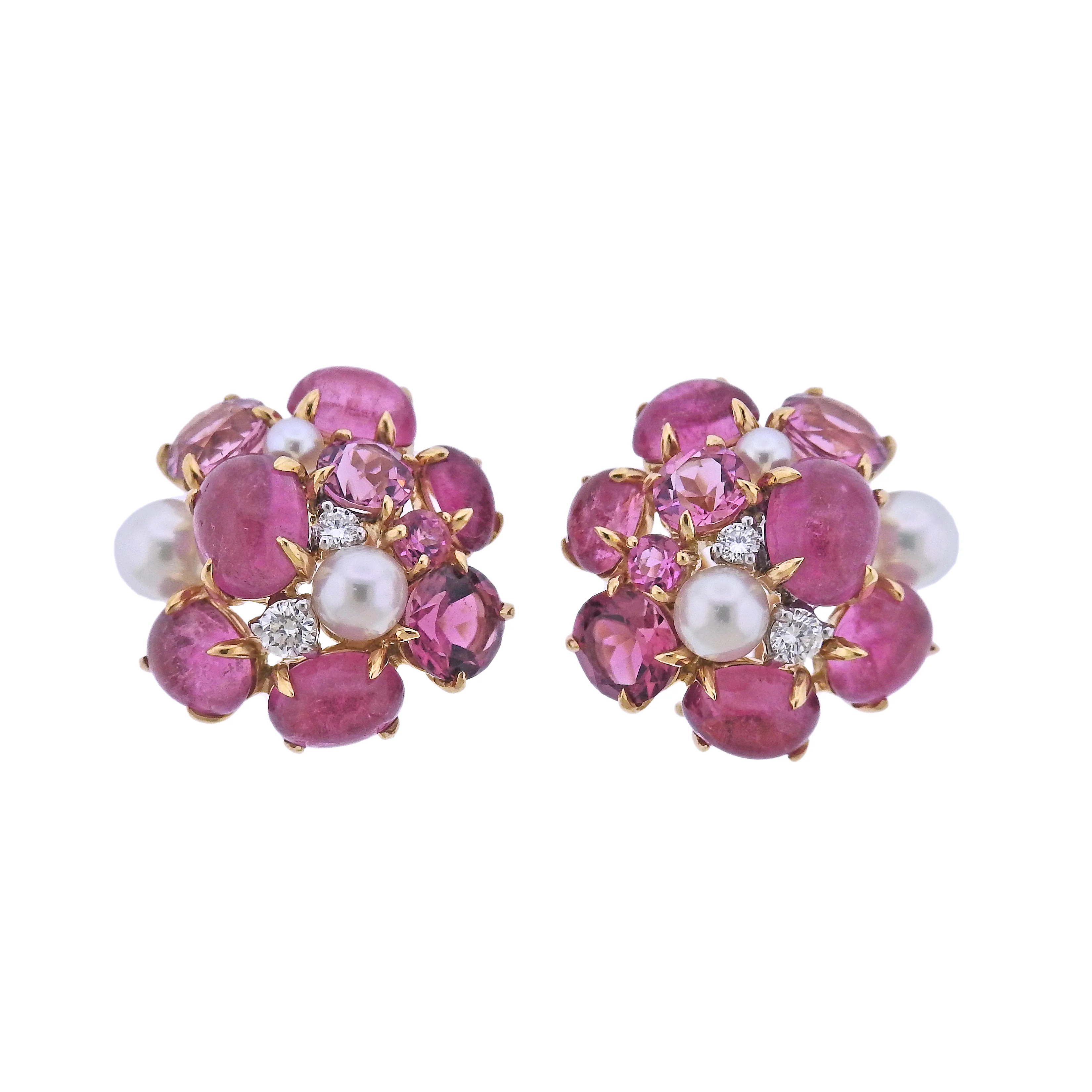 Seaman Schepps Bubble Pink Tourmaline Pearl Diamond Gold Earrings