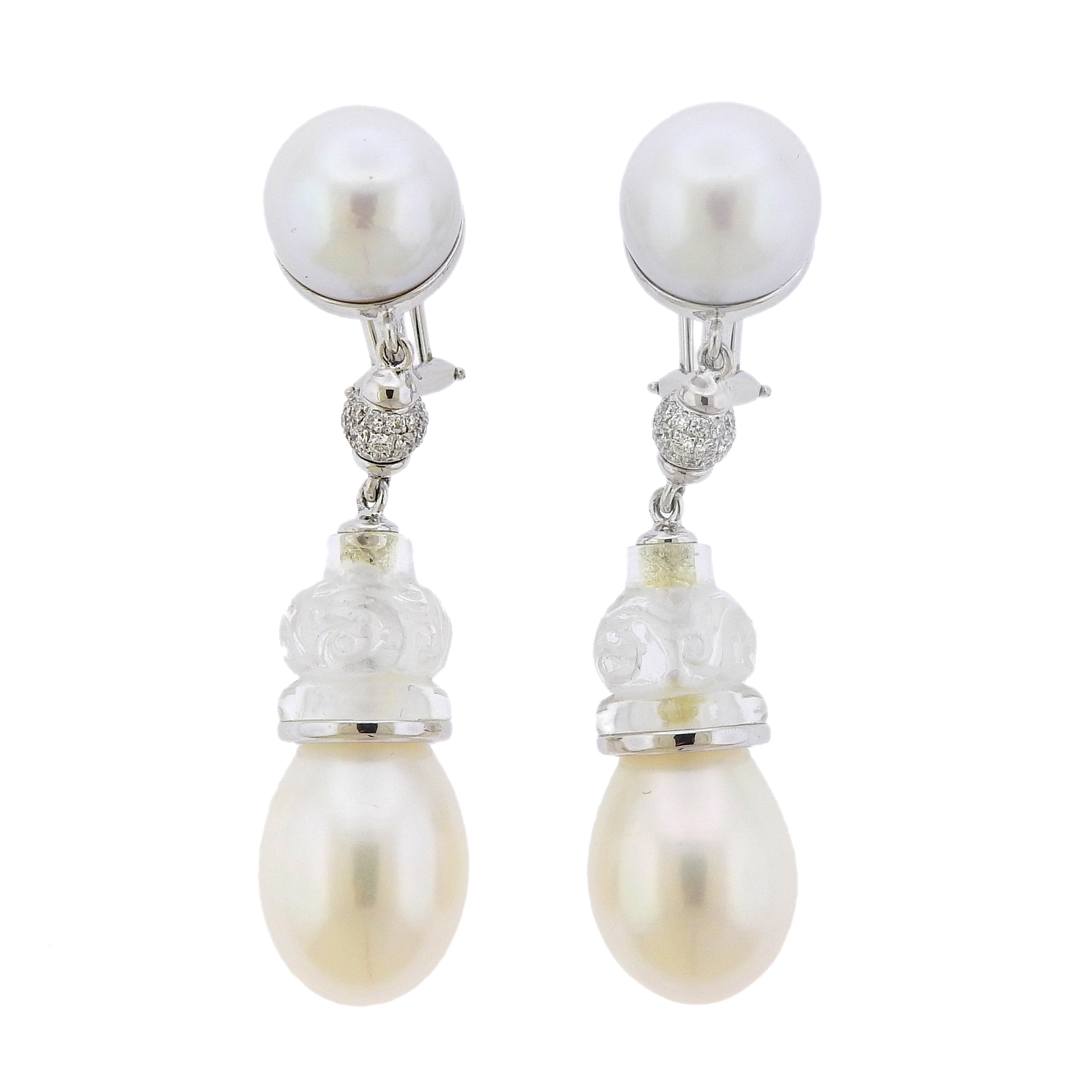 Seaman Schepps Carved Rock Crystal Pearl Diamond Gold Earrings - Replica Luxury Handbag Store
