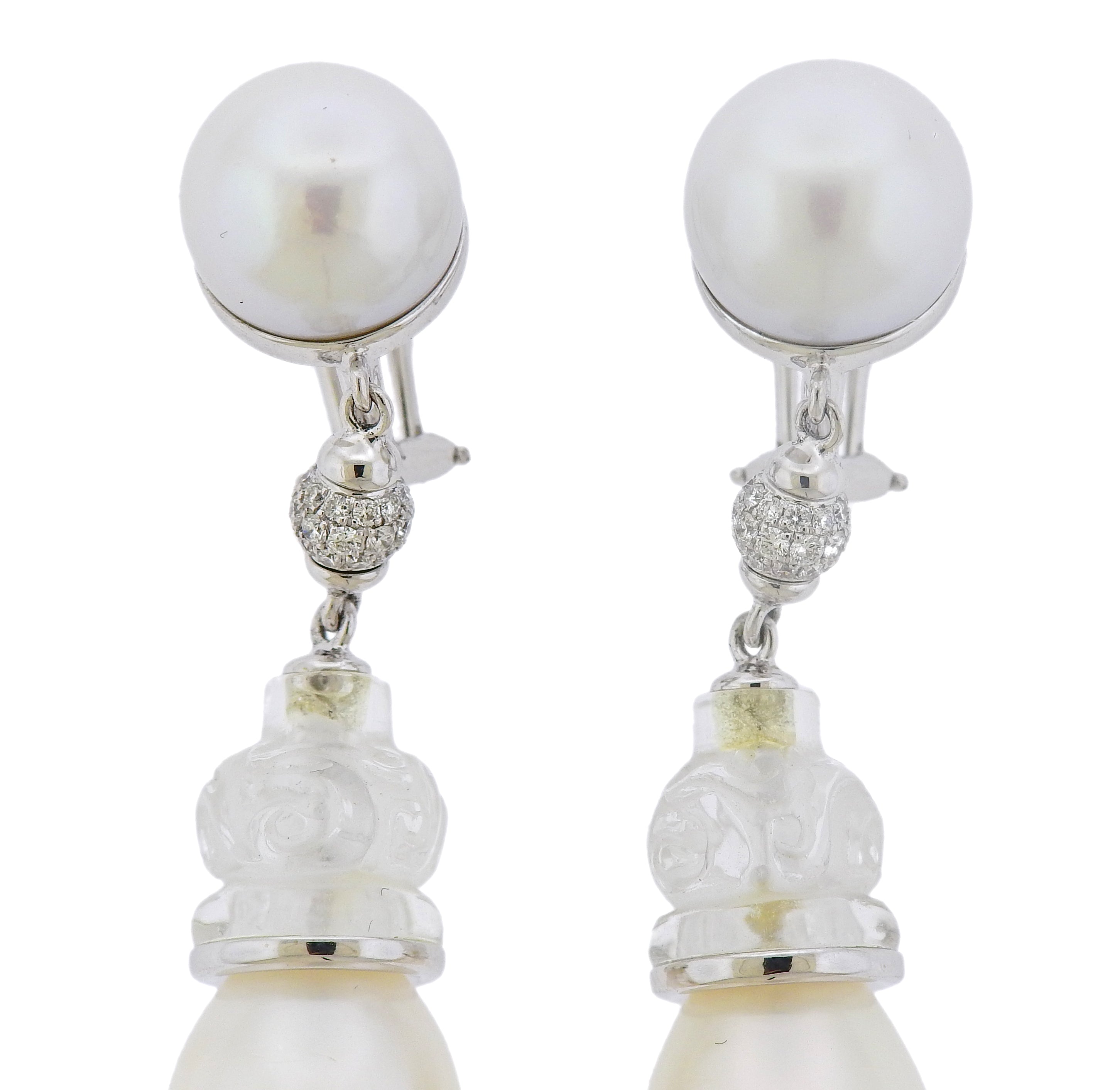 Seaman Schepps Carved Rock Crystal Pearl Diamond Gold Earrings - Replica Luxury Handbag Store
