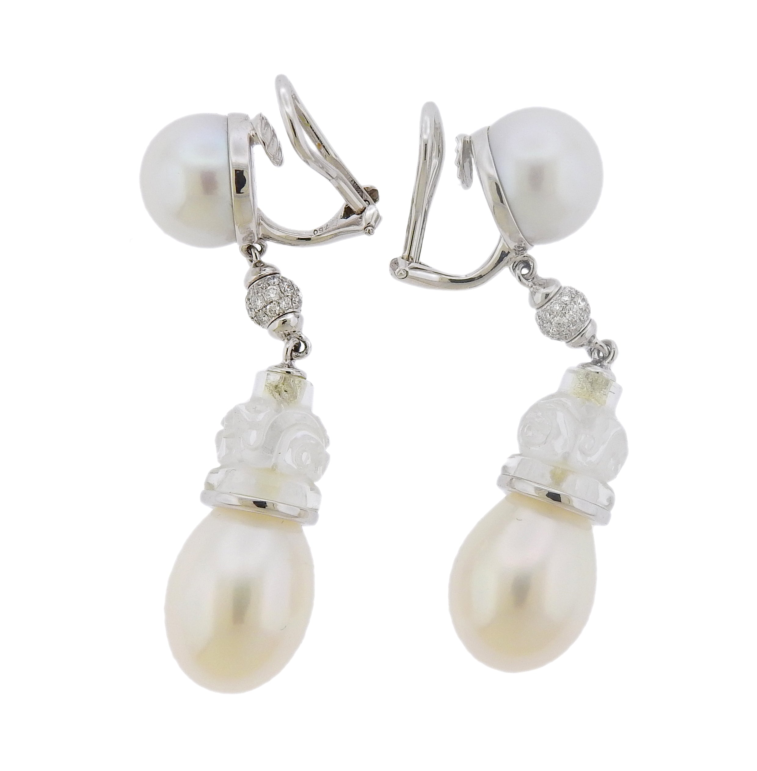 Seaman Schepps Carved Rock Crystal Pearl Diamond Gold Earrings - Replica Luxury Handbag Store
