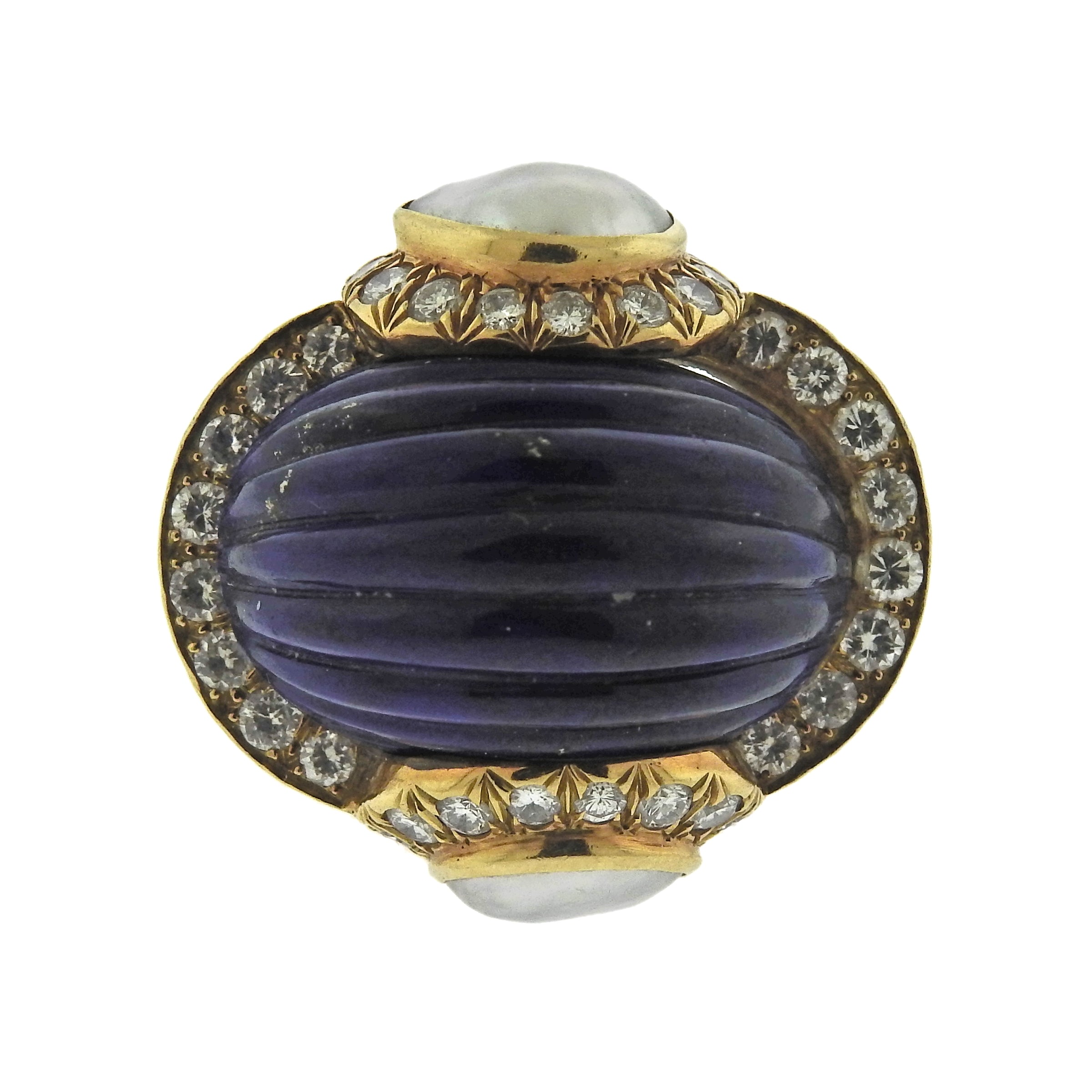 David Webb Diamond Pearl Lapis Gold Ring - Replica Luxury Handbag Store
