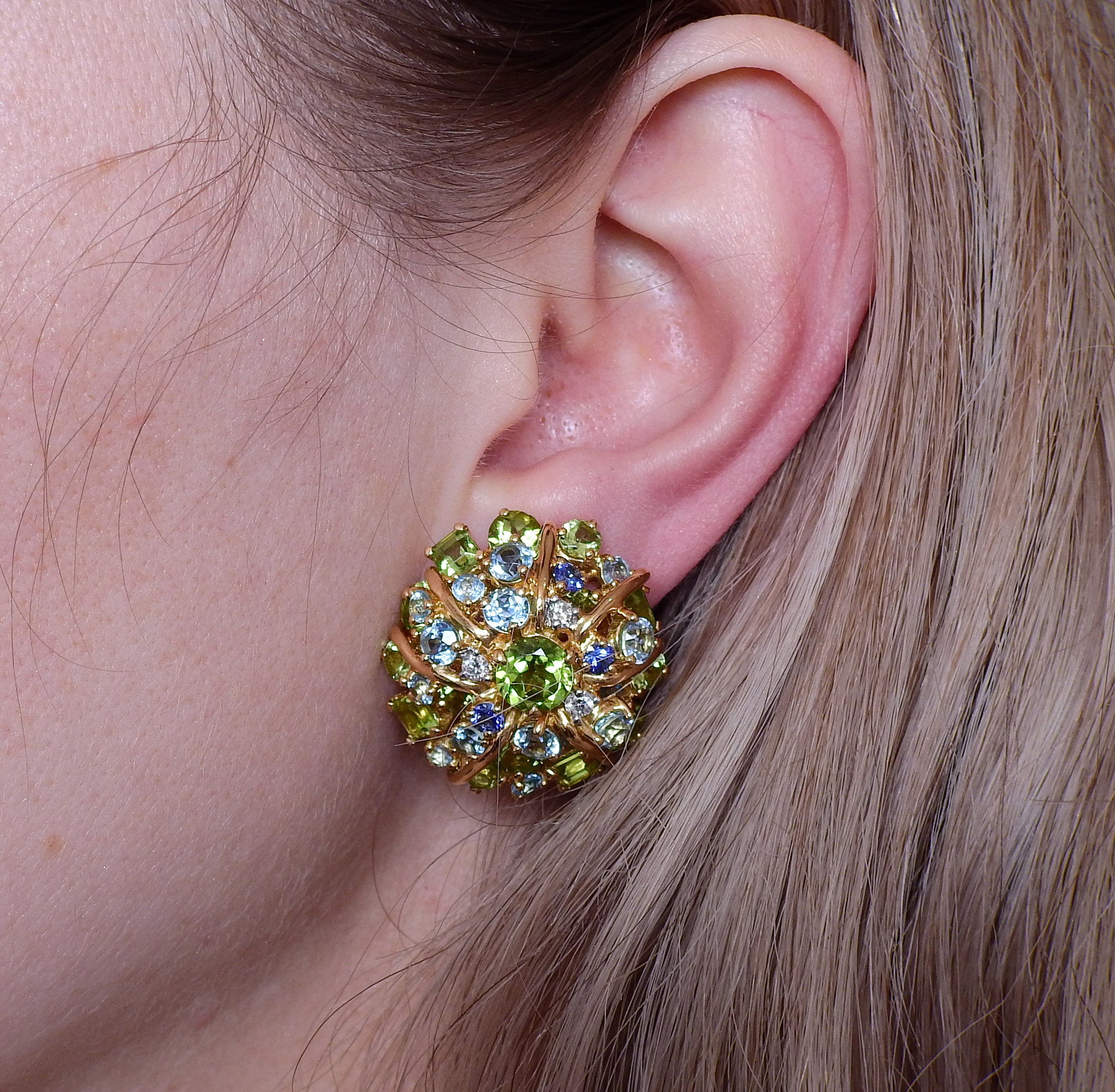 Seaman Schepps Diamond Aquamarine Sapphire Peridot Gold Earrings - Replica Luxury Handbag Store
