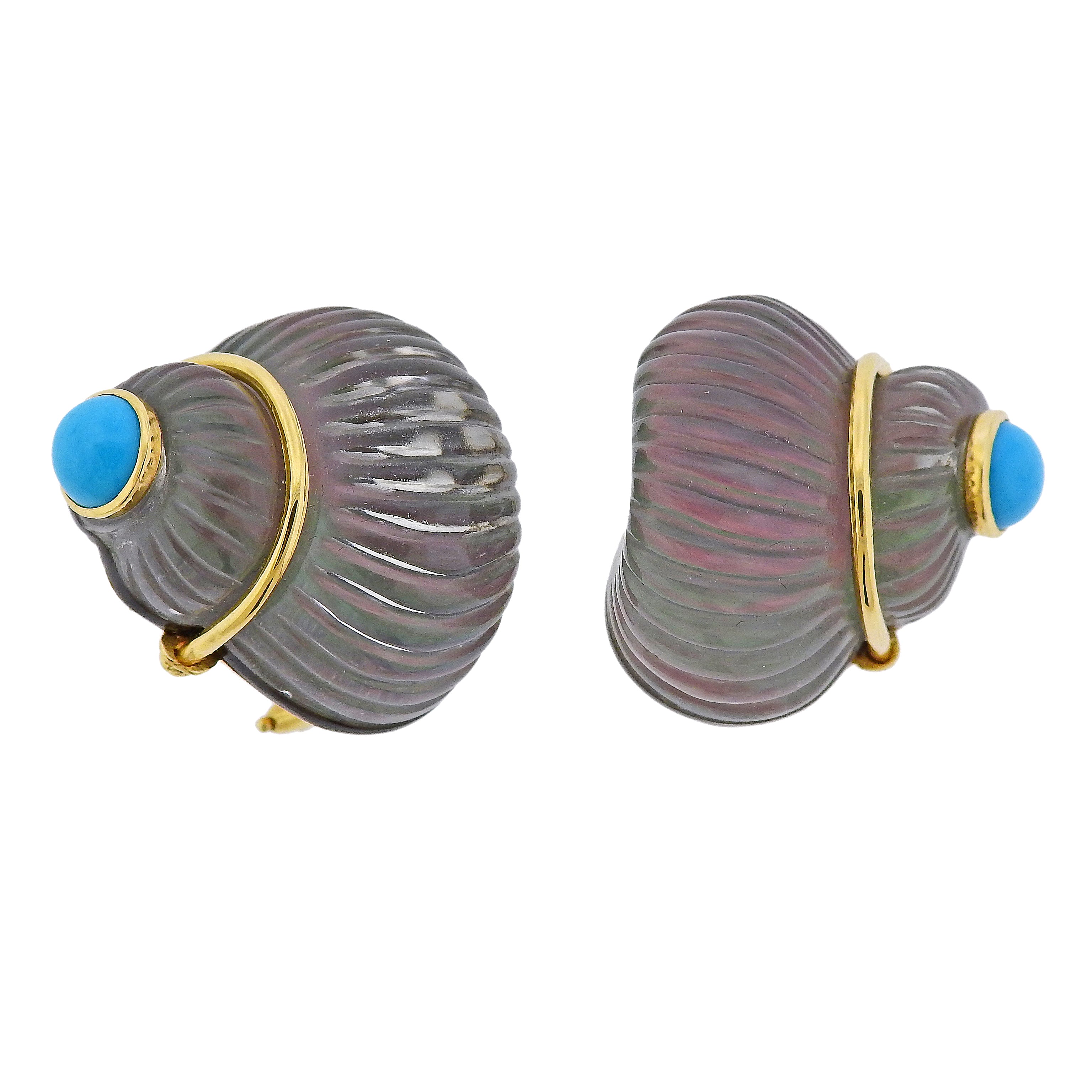 Trianon Carved Crystal Mother of Pearl Turquoise Shell Gold Earrings - Replica Luxury Handbag Store