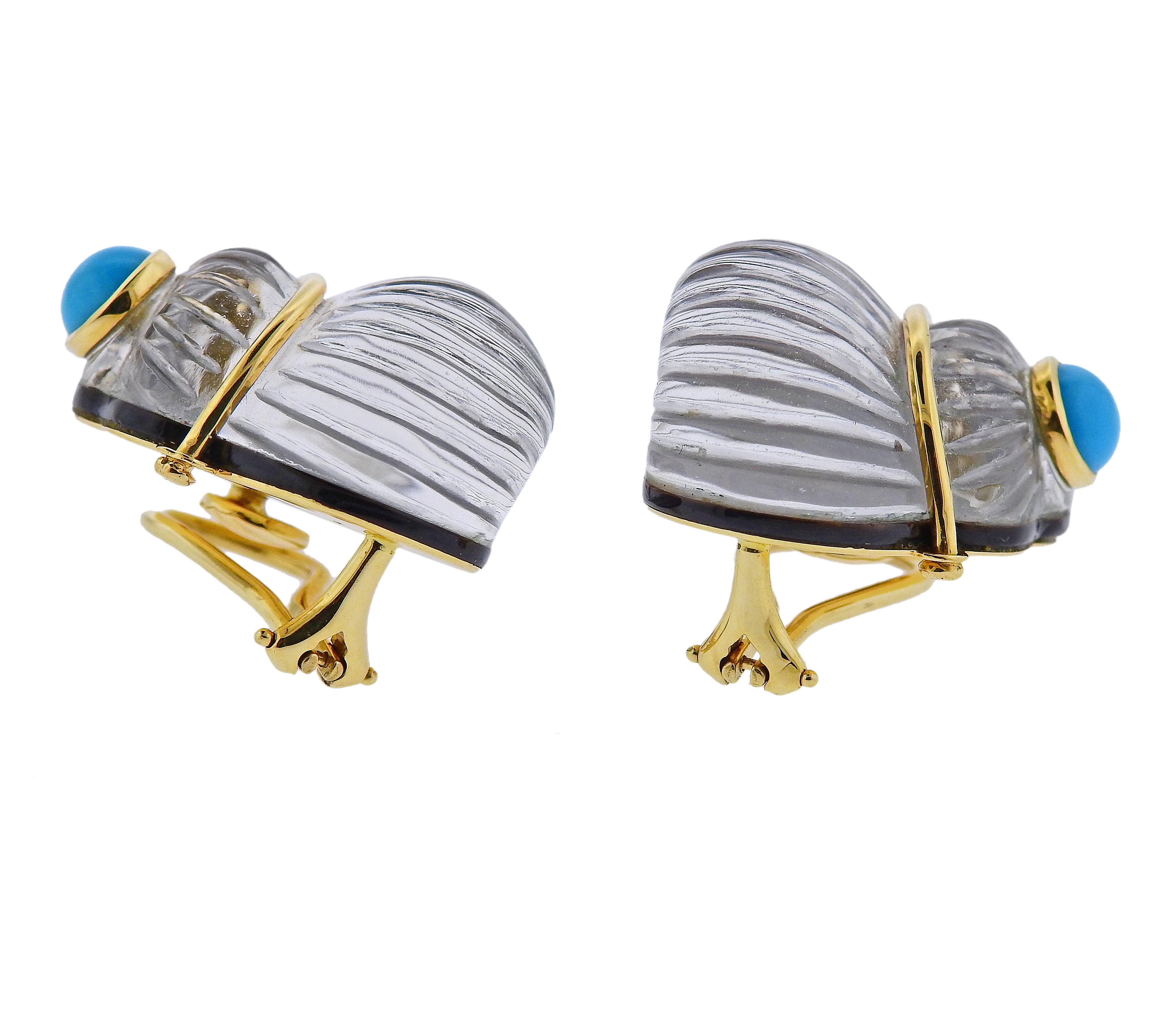 Trianon Carved Crystal Mother of Pearl Turquoise Shell Gold Earrings - Replica Luxury Handbag Store