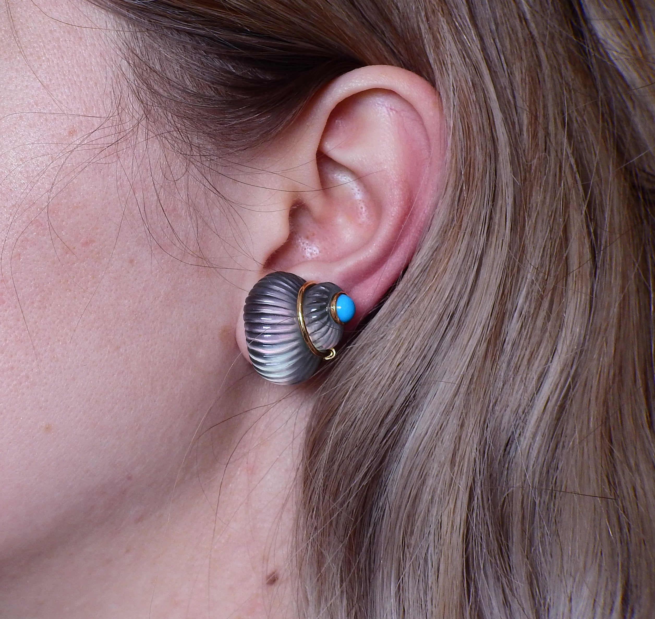 Trianon Carved Crystal Mother of Pearl Turquoise Shell Gold Earrings - Replica Luxury Handbag Store
