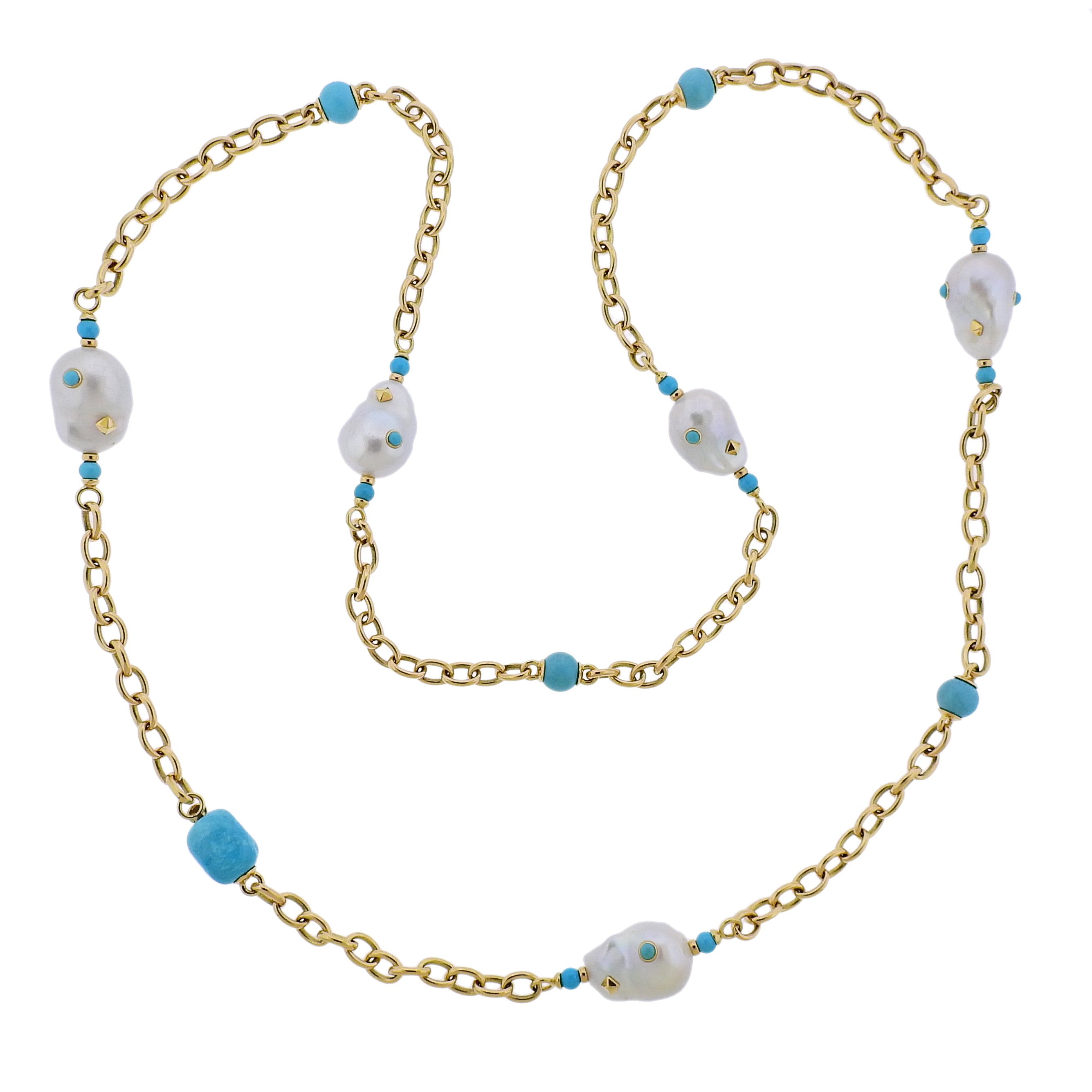 Trianon Lisbon Baroque Pearl Turquoise Gold Long Necklace - Replica Luxury Handbag Store