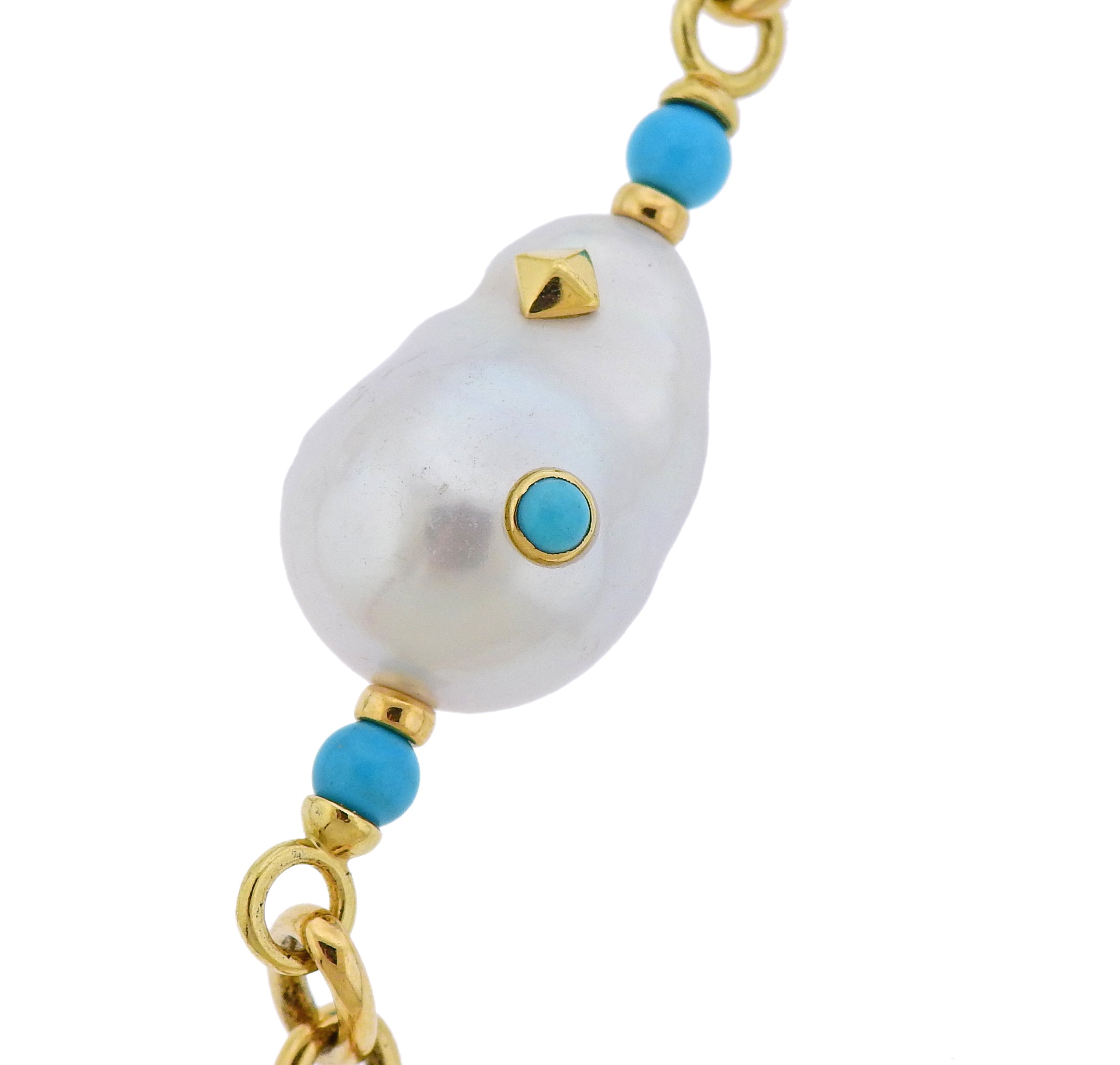 Trianon Lisbon Baroque Pearl Turquoise Gold Long Necklace - Replica Luxury Handbag Store