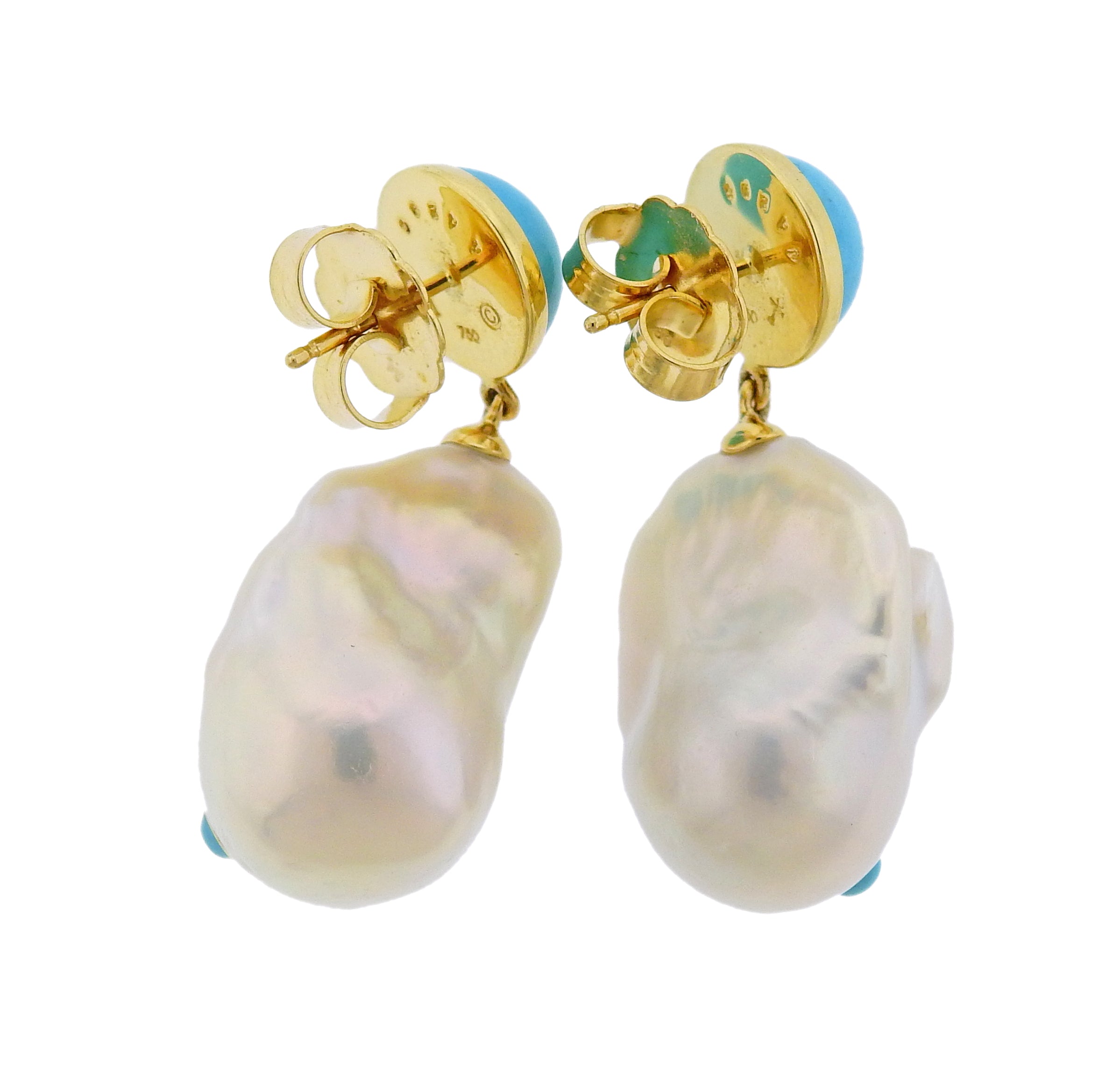 Trianon Lisbon Baroque Pearl Turquoise Gold Drop Earrings - Replica Luxury Handbag Store