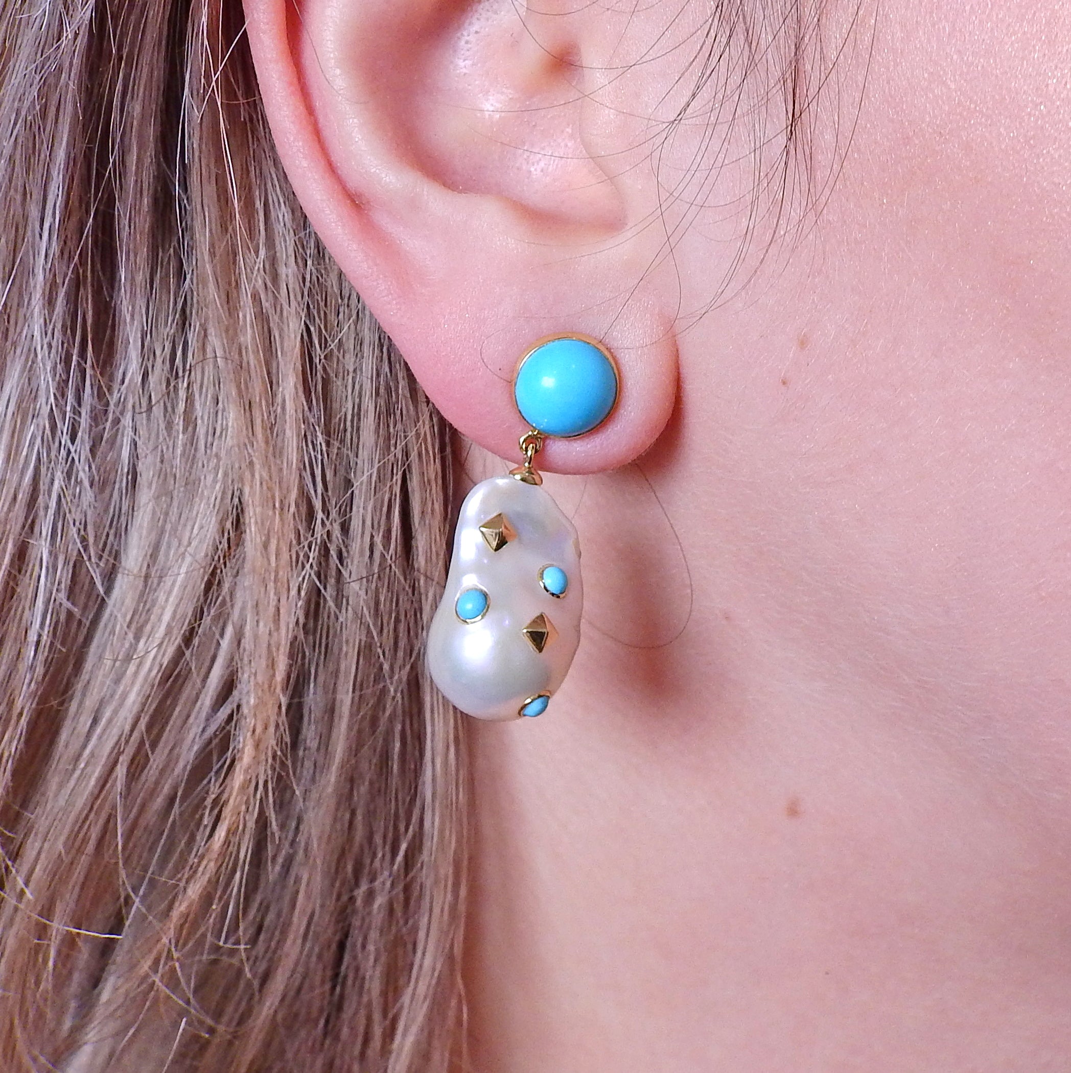 Trianon Lisbon Baroque Pearl Turquoise Gold Drop Earrings - Replica Luxury Handbag Store