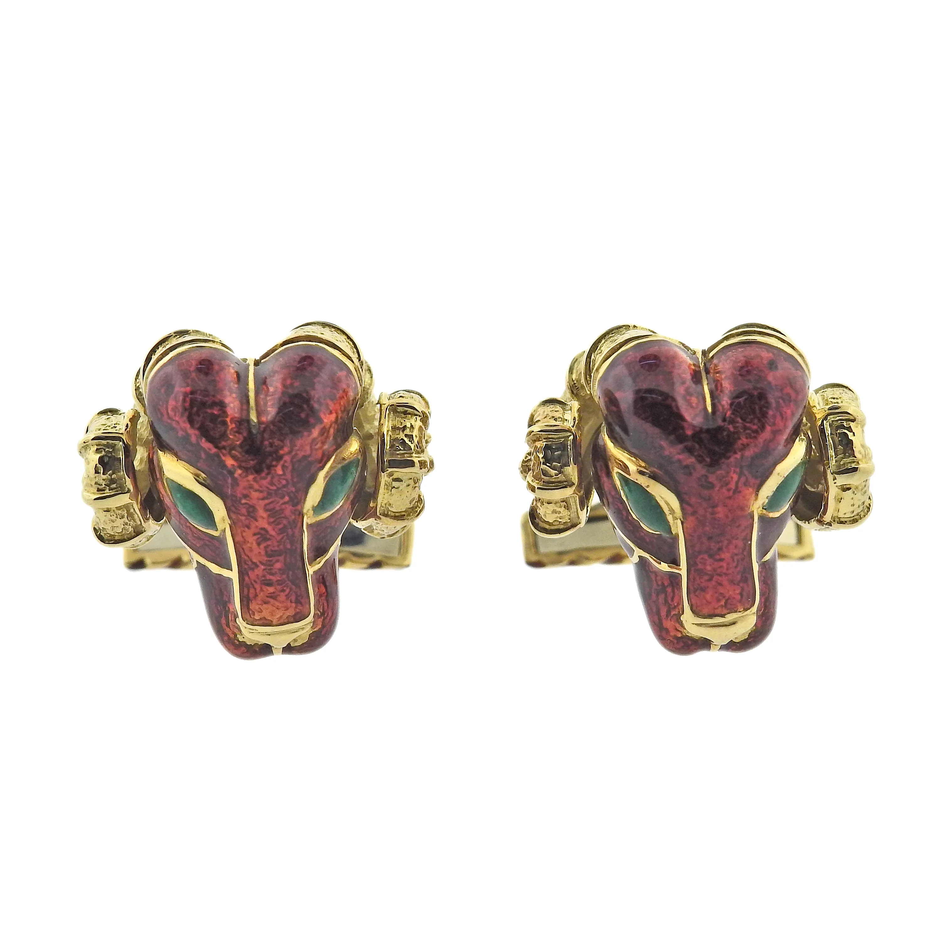 David Webb Rams Head Enamel Gold Cufflinks