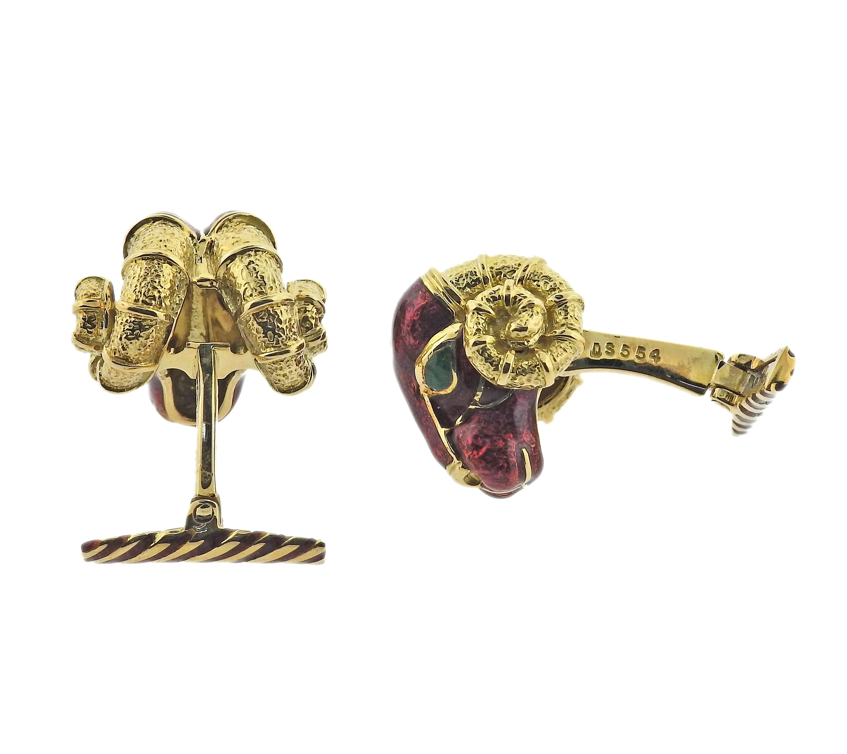 David Webb Rams Head Enamel Gold Cufflinks