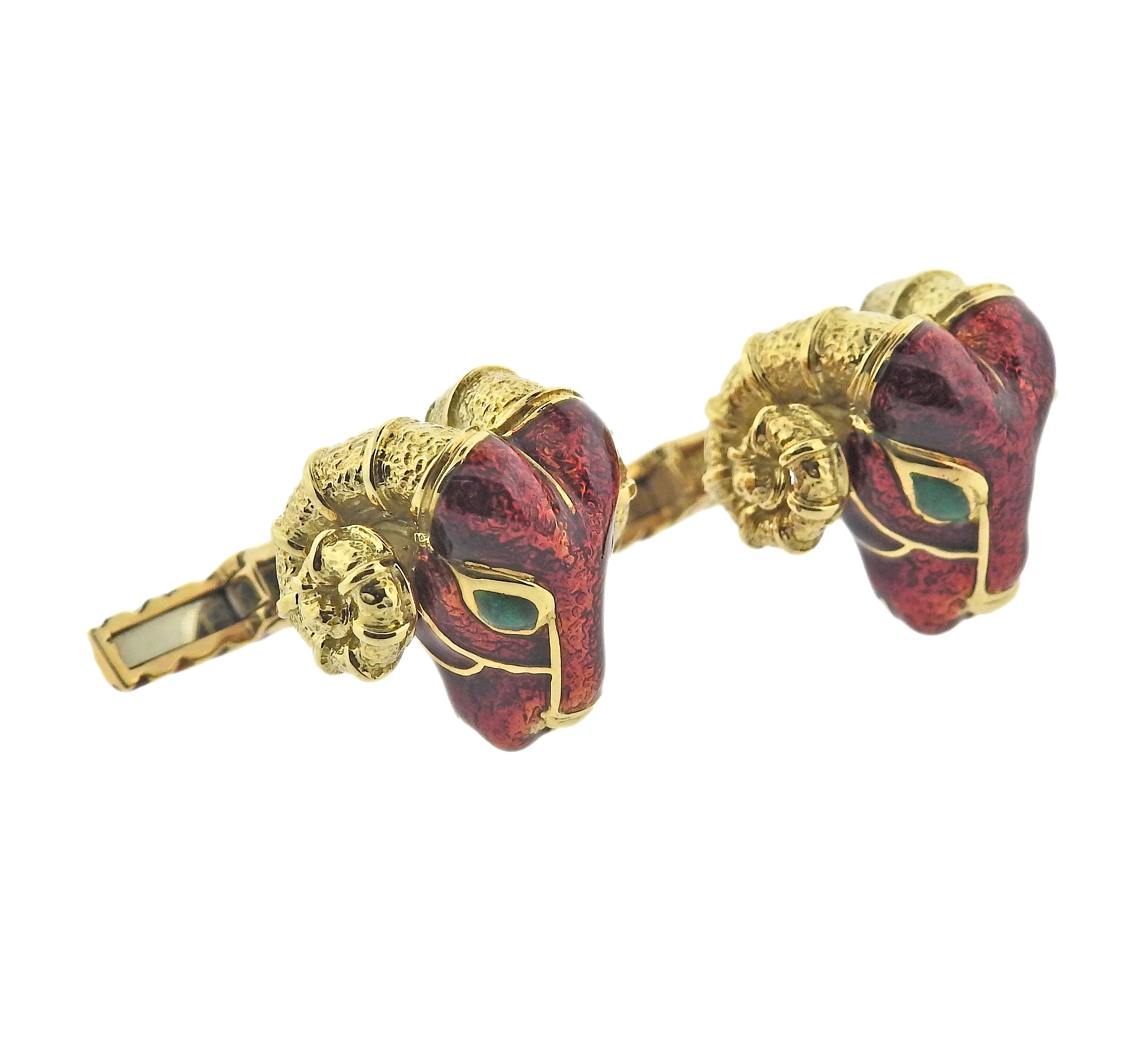 David Webb Rams Head Enamel Gold Cufflinks