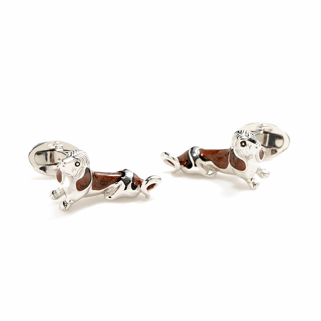 Jan Leslie Basset Hound Silver Enamel Dog Cufflinks - Replica Luxury Handbag Store